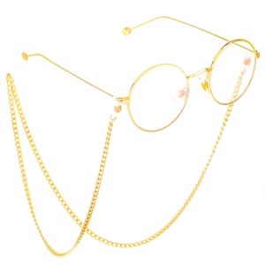 Golden round frame glasses with matching fine metallic anti-slip eyewear chain