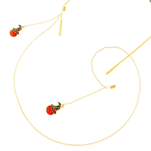 Golden metal eyewear chain featuring Halloween pumpkin charms with witch hats and anti-slip loops