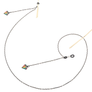 Stylish black eyewear chain with diamond-shaped colorful pendants and gold accents