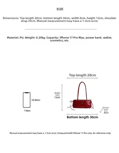 Size chart showing dimensions of the red bow shoulder bag with iPhone size comparison