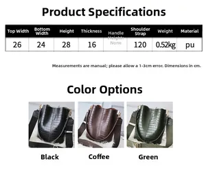 Size chart showing PU leather crocodile pattern bucket bag dimensions and colors