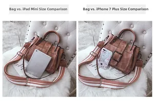 Size comparison of brown leather bucket bag with iPad and iPhone showing actual dimensions