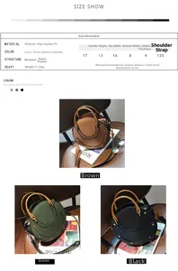 Tabella taglie piccola borsa rotonda in PU con manico in metallo e dettagli dimensioni