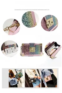 Detail of gradient sequin box bag with gold lock, chain strap, and interior capacity