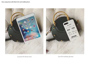 Size comparison showing green round crossbody bag cannot fit iPad mini but fits large phone