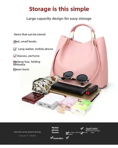 Pink faux leather handbag capacity detail showing iPad and daily essentials organized inside