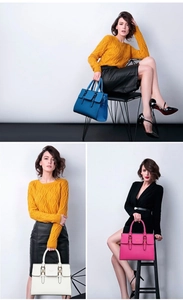 Detailed views of leather tote bags in blue, white, and pink with buckle flap decoration