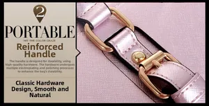 Detail of pink Saffiano leather tote with reinforced handles and polished gold hardware