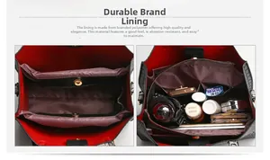 Interior view of crocodile pattern tote bag showing red trim and multi-pocket storage capacity