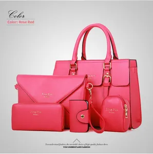 Detailed set of six rose red tote bags and wallets in cross-grain faux leather with gold hardware