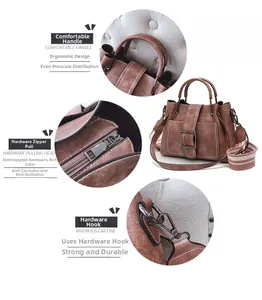 Detail of vintage bucket bag with woven strap, ergonomic handle and metal hardware