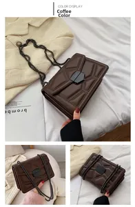 Detail of coffee brown crossbody bag with geometric quilting, rivets and chain strap