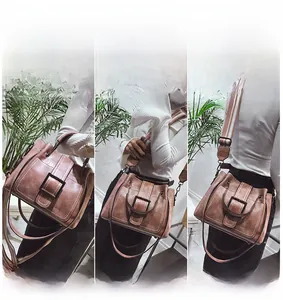 Three-way styling of a brown vintage bucket bag showing hand-carry and shoulder options