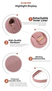 Detailed shots of pink litchi leather bag showing metal hardware and inner pouch