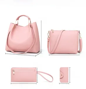 Size guide for 4-piece pink faux leather bag set including tote and crossbody bag