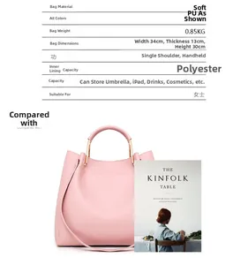 Size chart showing dimensions 34x13x30cm for pink PU leather tote bag with round handle