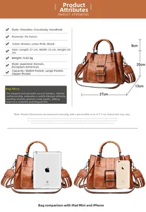 Detailed size guide for brown PU leather bucket bag with dimensions and internal pockets