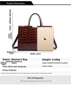 Crocodile pattern tote bag size chart and dimension comparison with a tablet device