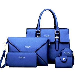 Royal blue 5-piece women's handbag set featuring saffiano leather and tote design