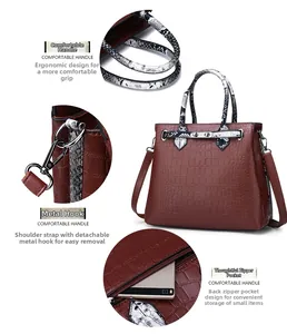 Detail of wine red crocodile embossed handbag featuring snake pattern handles and zip pocket
