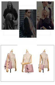 Pink PU leather tote bag set with fringe ball detail shown in multiple carrying styles