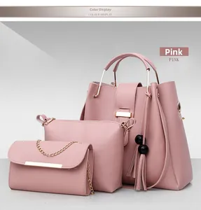 Three-piece pink PU leather tote set with metal handle, matching pouch, and chain bag