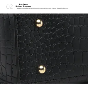 Detail of gold-tone metal protective feet on black crocodile pattern leather handbag