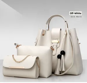Three-piece women's bag set in rice white featuring tote, crossbody and chain pouch