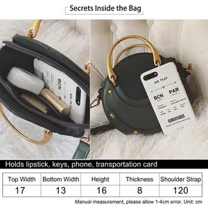 Green leather round crossbody bag with metal ring handle and detailed size chart