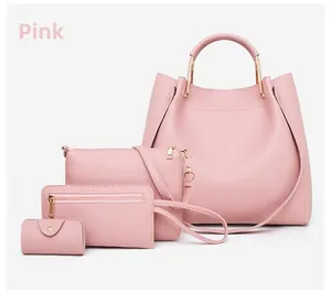Pink faux leather 4-piece handbag set featuring tote, crossbody bag, clutch, and card holder
