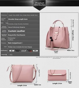 Size chart showing dimensions for the 3-piece PU leather handbag set in soft pink finish