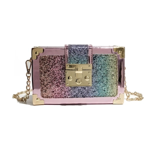 Pink mirrored box bag with gradient sequins and gold chain for women's crossbody style