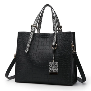Classic black crocodile texture handbag with snake print handles and gold hardware accents