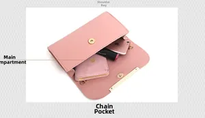 Pink leather crossbody bag interior showing main compartment with phone and lipstick
