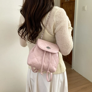 Pink quilted mini backpack with chain strap and elegant rhombic pattern for women