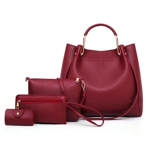Burgundy cross-grain leather tote bag set including handbag, shoulder bag and wallet