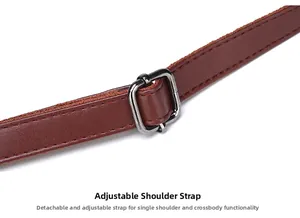 Detail of brown leather handbag strap with adjustable metal buckle and stitching