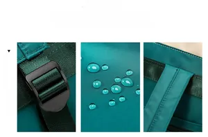 Detail of waterproof nylon fabric with water droplets and durable adjustable strap buckles