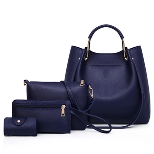 Dark blue 4-piece women handbag set including tote and crossbody bag in textured leather