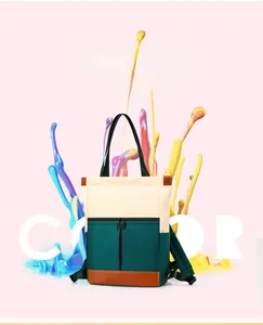 Front detail of tri-color nylon backpack featuring dual vertical zipper pockets