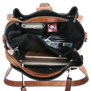 Dark brown faux leather bucket bag showing spacious interior with multiple pockets