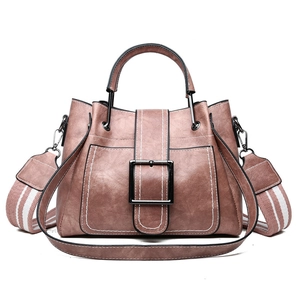 Retro dusty rose bucket bag with iron handle and striped wide shoulder strap