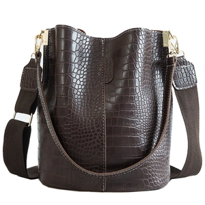 Crocodile Pattern PU Leather Bucket Bag Women Large Capacity Wide Canvas Strap Crossbody Shoulder Bag Gold Hardware
