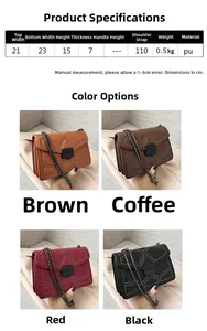 Detailed size chart and four-color comparison of geometric quilted PU leather chain bags