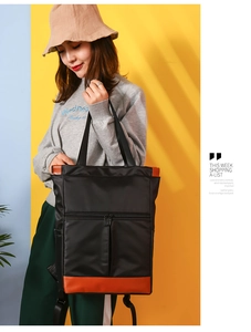 Waterproof nylon convertible backpack shown in a lifestyle setting with vibrant colors