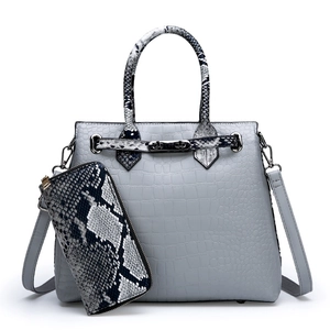 Light gray crocodile embossed tote bag and snake print wallet set with top handle