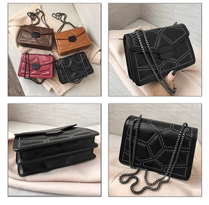 Detail showing various colors and multi-angle views of the studded chain crossbody bag