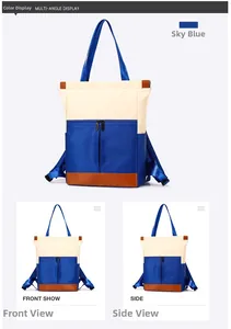 Detailed views of sky blue waterproof nylon convertible tote bag showing front and side angles