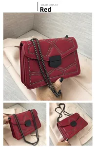 Detailed views of red quilted rivet chain bag with silver beads and metal buckle