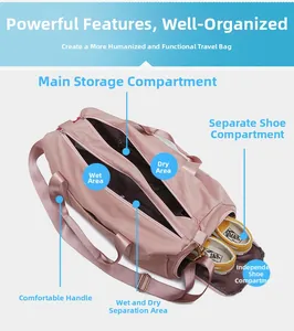 Detailed view of pink gym bag interior with dry wet separation and separate shoe compartment